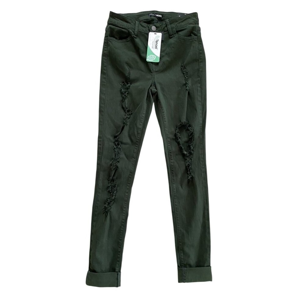 Fashion Nova Womens Juniors Dark Green Distressed Skinny Jeans‎ NWT Size 7